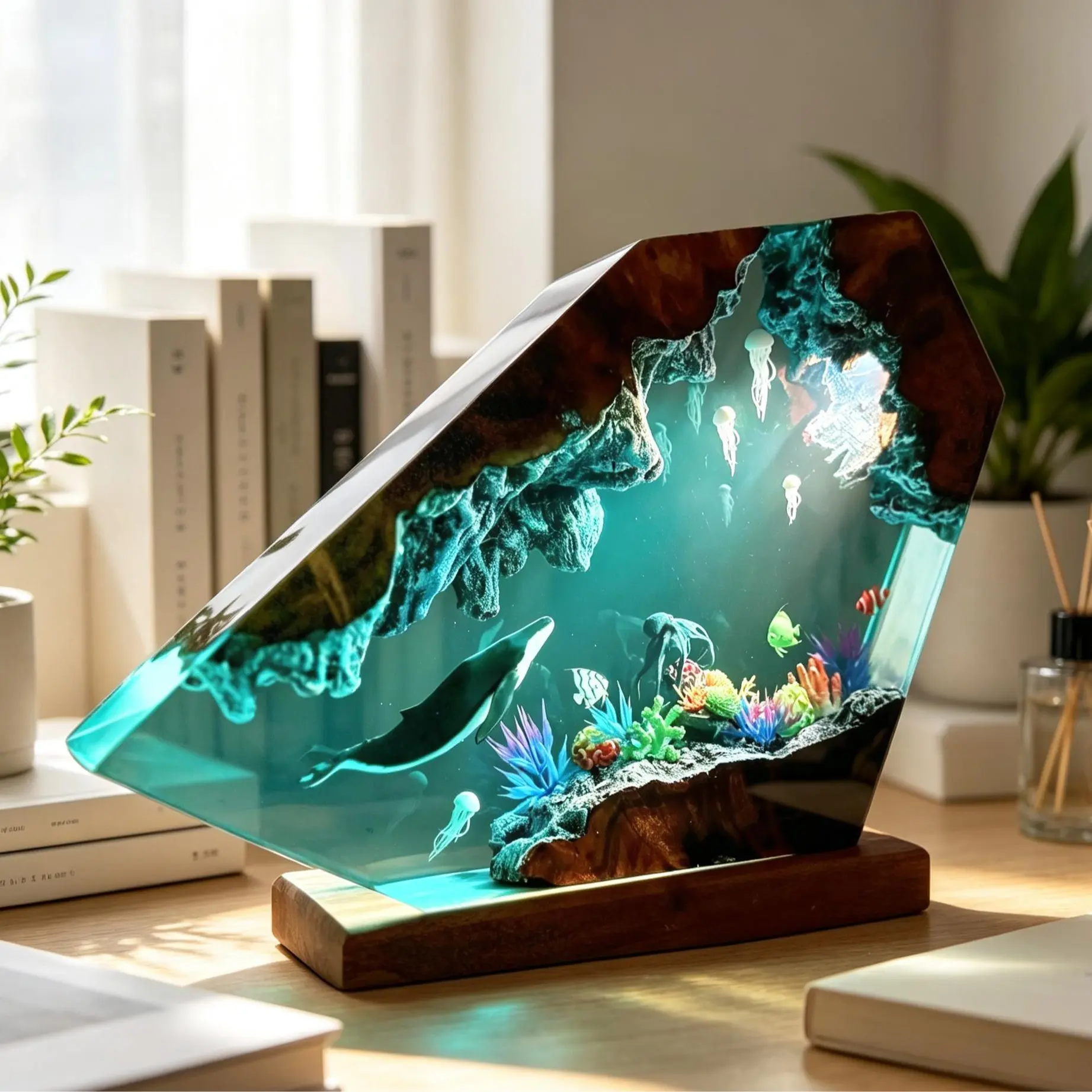 Handmade Ocean Epoxy Resin Night Light, Humpback Whale Jellyfish Coral Underwater World Resin Art Lamp, Solid Wood Base Glowing Desk Decor, Dimmable Ambient Light for Bedroom, Perfect Gift for Marine Life Lovers