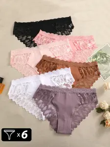 Elegant Lace Trim Women's Lingerie Underwear Set, Breathable Comfortable Triangle Panties, Multi-Color Combination, Pack of 6