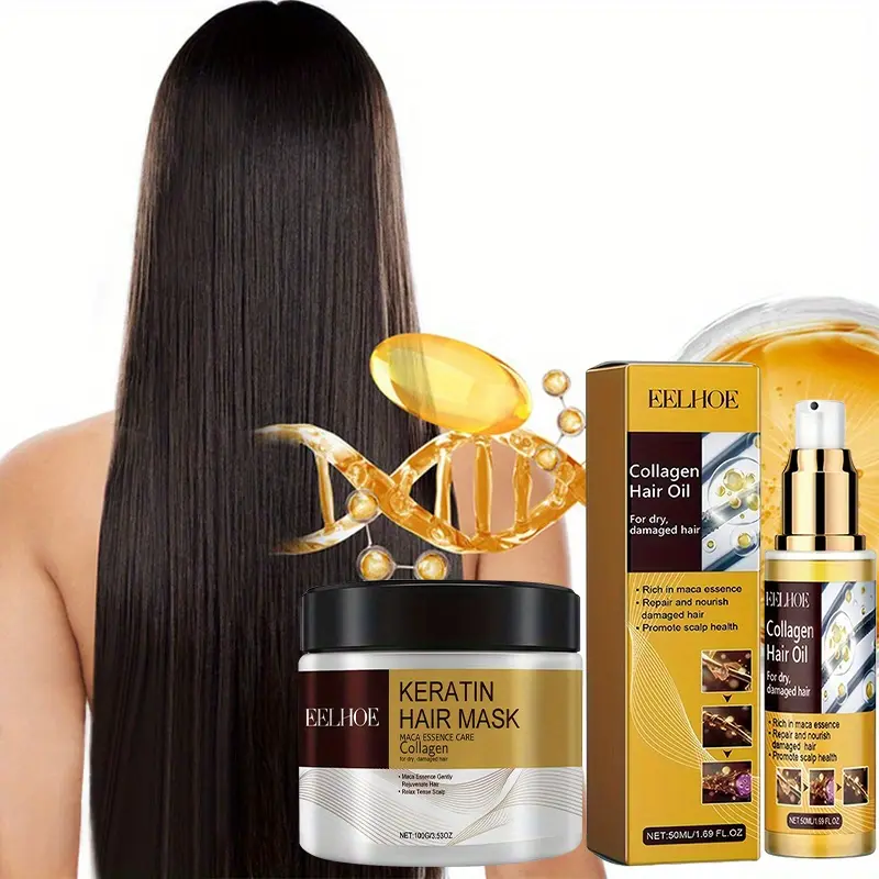 Hair care set&keratin hair mask, Moisturizing Hair Mask and collagen hair essential oil, used for dyeing, curling, and post perm use, is a great gift for all dry and damaged hair types Frizz Free Hair Anti Frizz Frizz Control