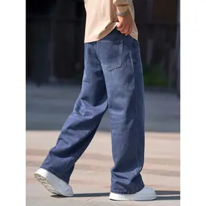 Men's Casual Dark Blue Wide-Leg Jeans - Loose Fit, Rayon Blend, Machine Washable