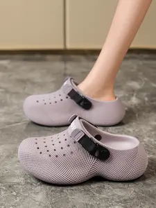Unisex Breathable Holey Thick Sole Slippers, Adjustable Striped Design, Eva Material, Sporty Style, All Seasons, Outdoor & Indoor Use, Footwear
