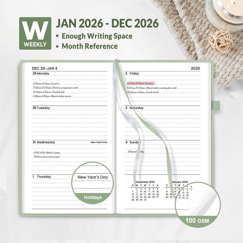 2026 Weekly Planner 3.5" x 6" Hardcover 100GSM Paper Notes Section Inner Pocket Professional 12 Months Scheduling with Monthly & Weekly Views