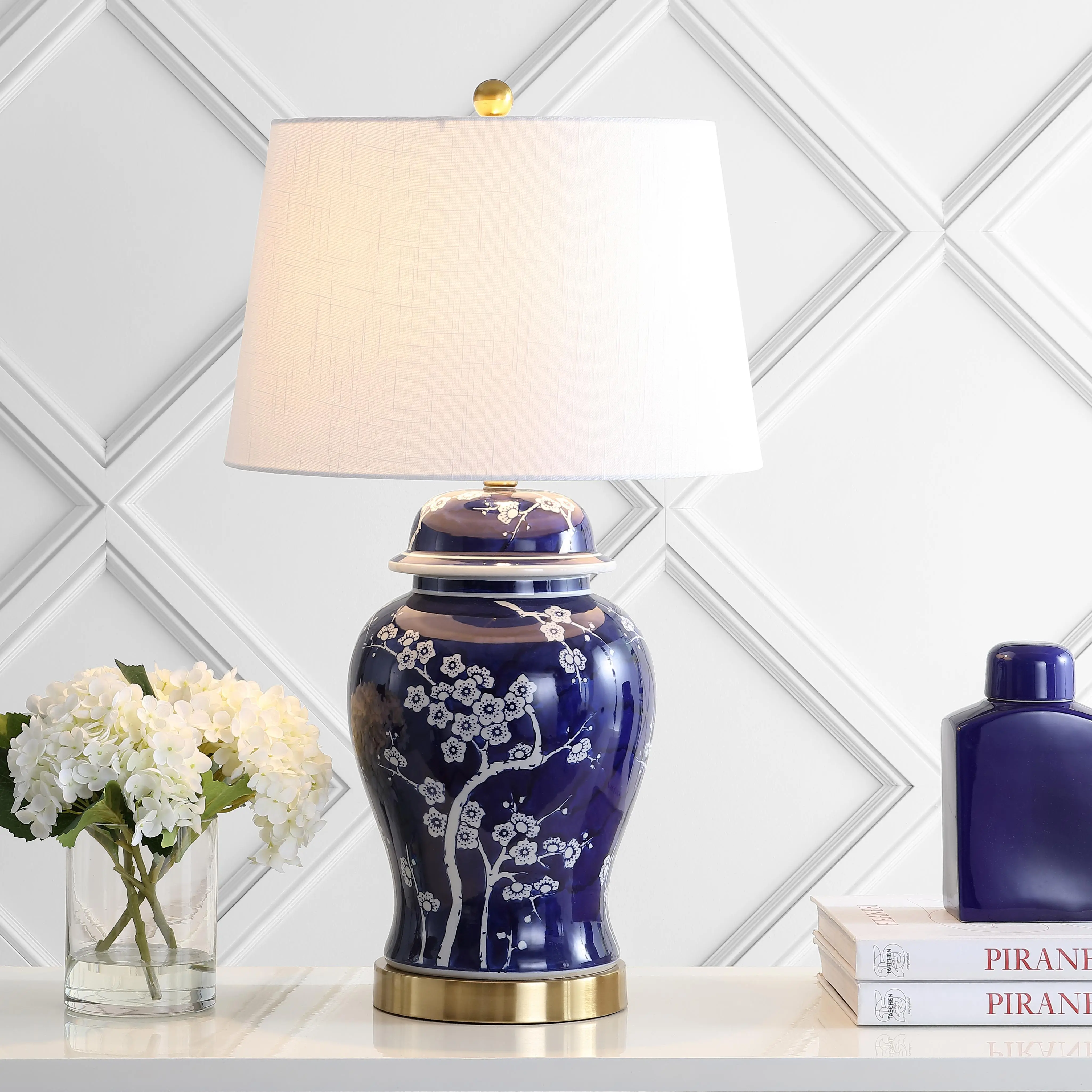 JONATHAN Y Gracie Ceramic Ginger Jar Table Lamp 29.5" | Traditional Chinoiserie Asian Bedside Nightstand Light, Linen Empire Shade, Brass Gold Accents, LED Bulb Included