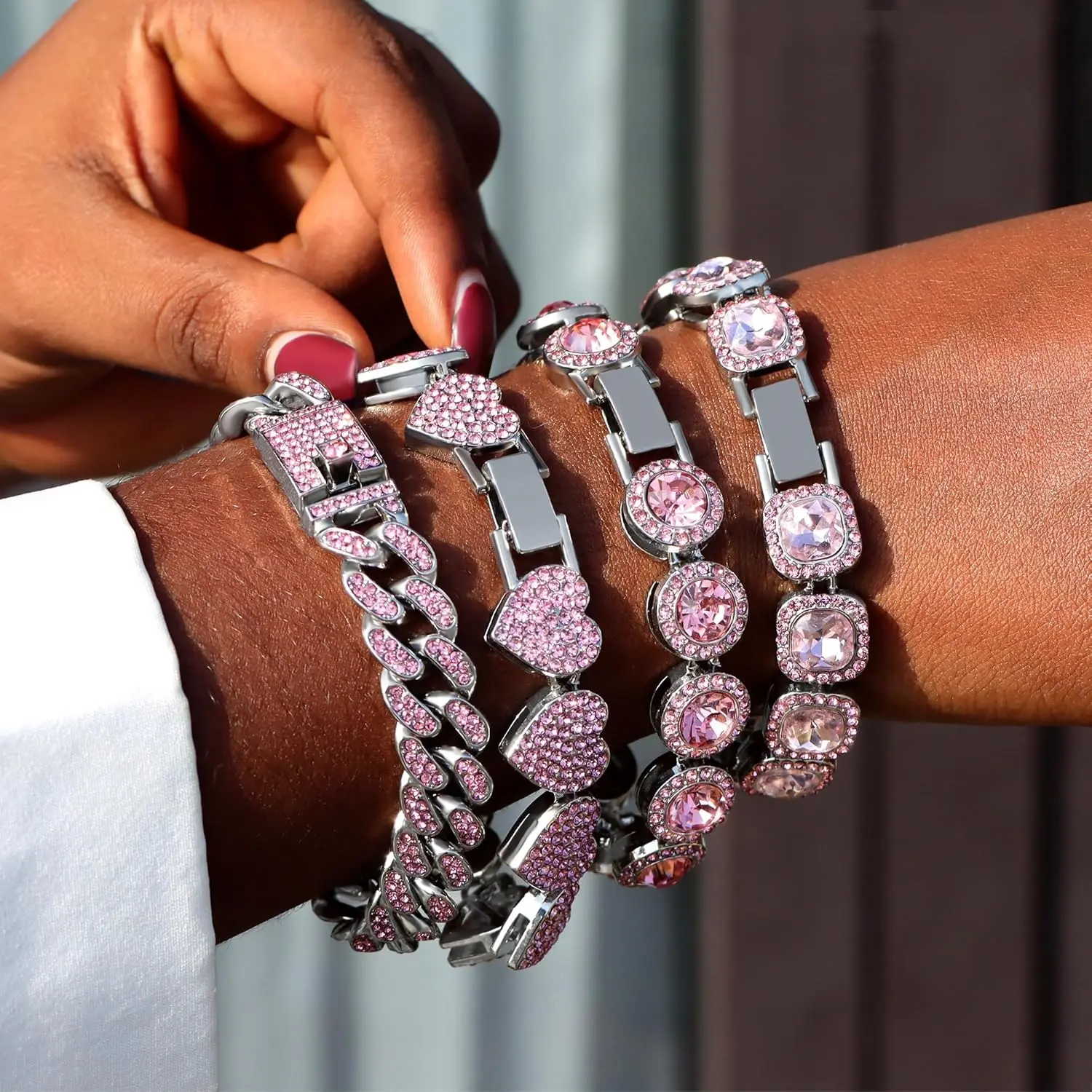 4PCS Fashion Jewelry chain For Women Set, Layered Link Bracelet Set, Heart Round Cuban Bracelet, Clustered Tennis Bracelet For Women,Quadrilateral Prism Inlaid Bracelet,Christmas Valentine's Day Gifts Halloween