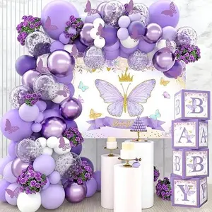 Purple Butterfly Baby Shower Decorations for Girl, Purple Balloon Garland Arch Kit, Purple Butterfly Baby Boxes and Butterfly Backdrop Kit, Party Decorations