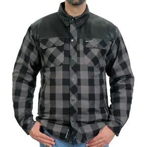 Hot Leathers Grey & Black Kevlar Reinforced LeatherMotorcycle Flannel Shirt