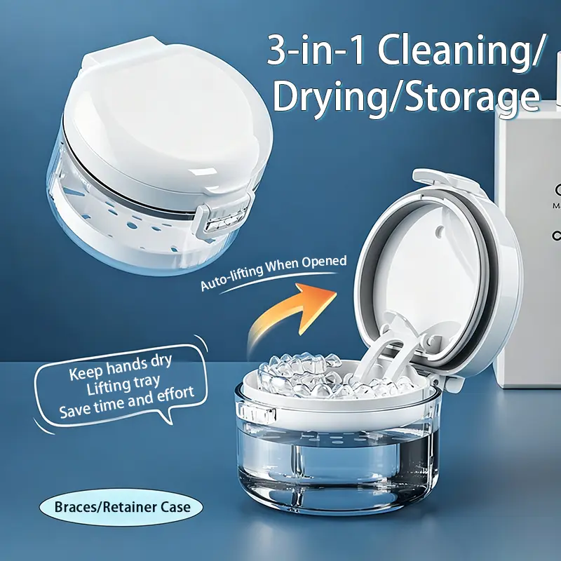 Retainer Cleaner Case, Soak Storage Container with Drain Tray, Leak Proof Retainer Holder with Silicone Seal, Air Vent Valve & Magnetic Lid, Portable Dental Aligner Case for Invisalign