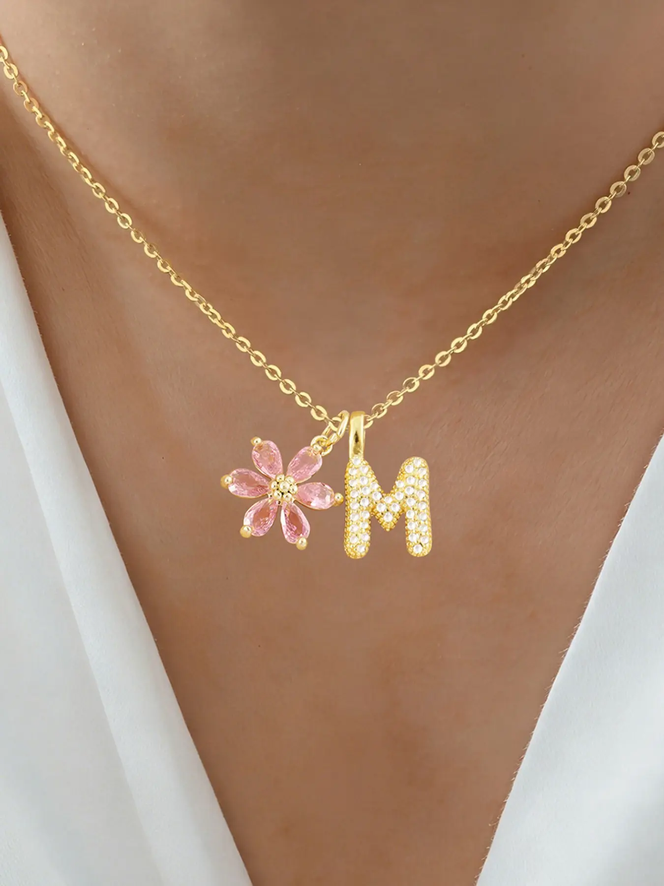 Women's Elegant Stainless Steel Chain Necklace, Crystal Flower Zirconia Bubble Initial Pendant Design, All-Season Jewelry Accessory