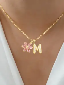 Women's Elegant Stainless Steel Chain Necklace, Crystal Flower Zirconia Bubble Initial Pendant Design, All-Season Jewelry Accessory