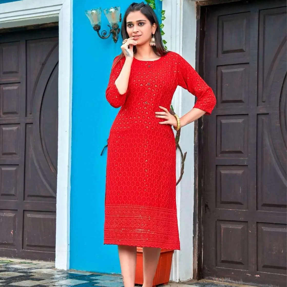 Lucknow Chikankari Cotton Straight Palazzo Embroidery Kurti Women's Casual Summer Dress with Reyon Chikan Work, Heavy Rayon Fabric,  - Coordinate, Sleeves, Comfort