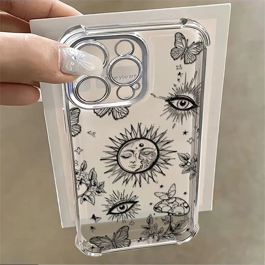 For iPhone X XS XS Max 11 12 13 14 15 16 17 Plus Pro Max, Trending Spiritual Line Art Clear iPhone Case, Glossy Colored Electroplated Frame, All-Seeing Eye Mushroom Floral Butterfly Print Heavy Duty Anti-Drop Daily Phone Shell Multiple Shades Available