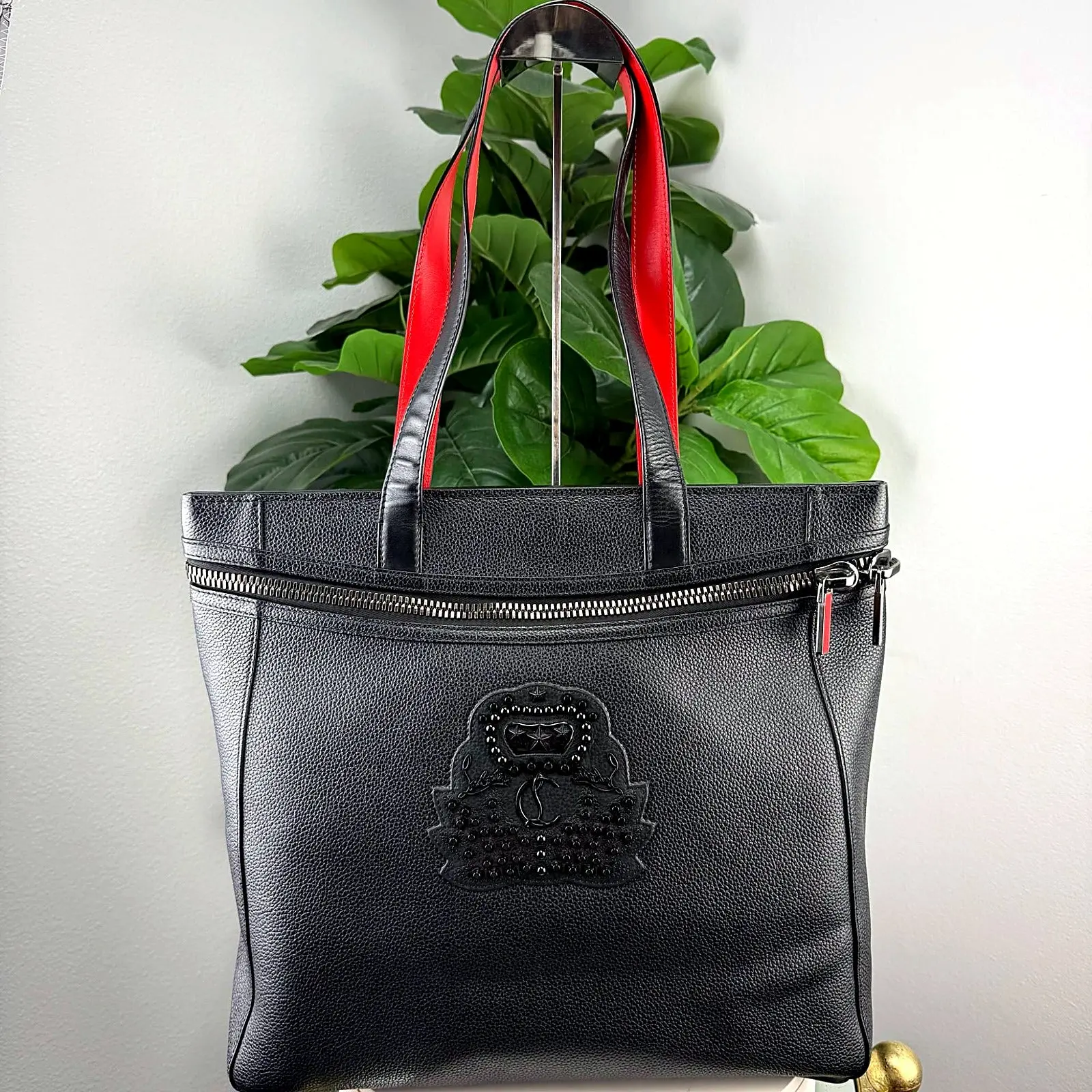 Pre-owned Leather Tote Bags Authentic Christian Louboutin Black Crest Convertible Backpack Tote Bag