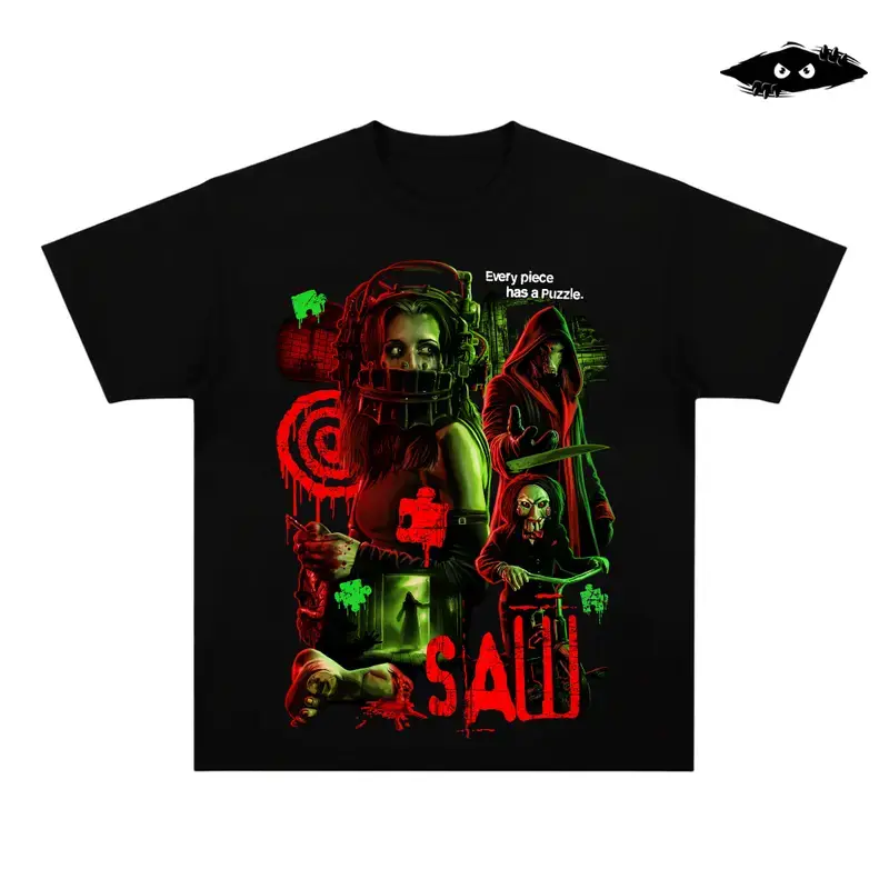 Saw Every Piece Has A Puzzle Graphic Tee, Vintage Horror Movie T-Shirt, Jigsaw Trap Killer Fan Merch, Heavyweight Cotton Oversized Streetwear, Retro Halloween Gift Tee