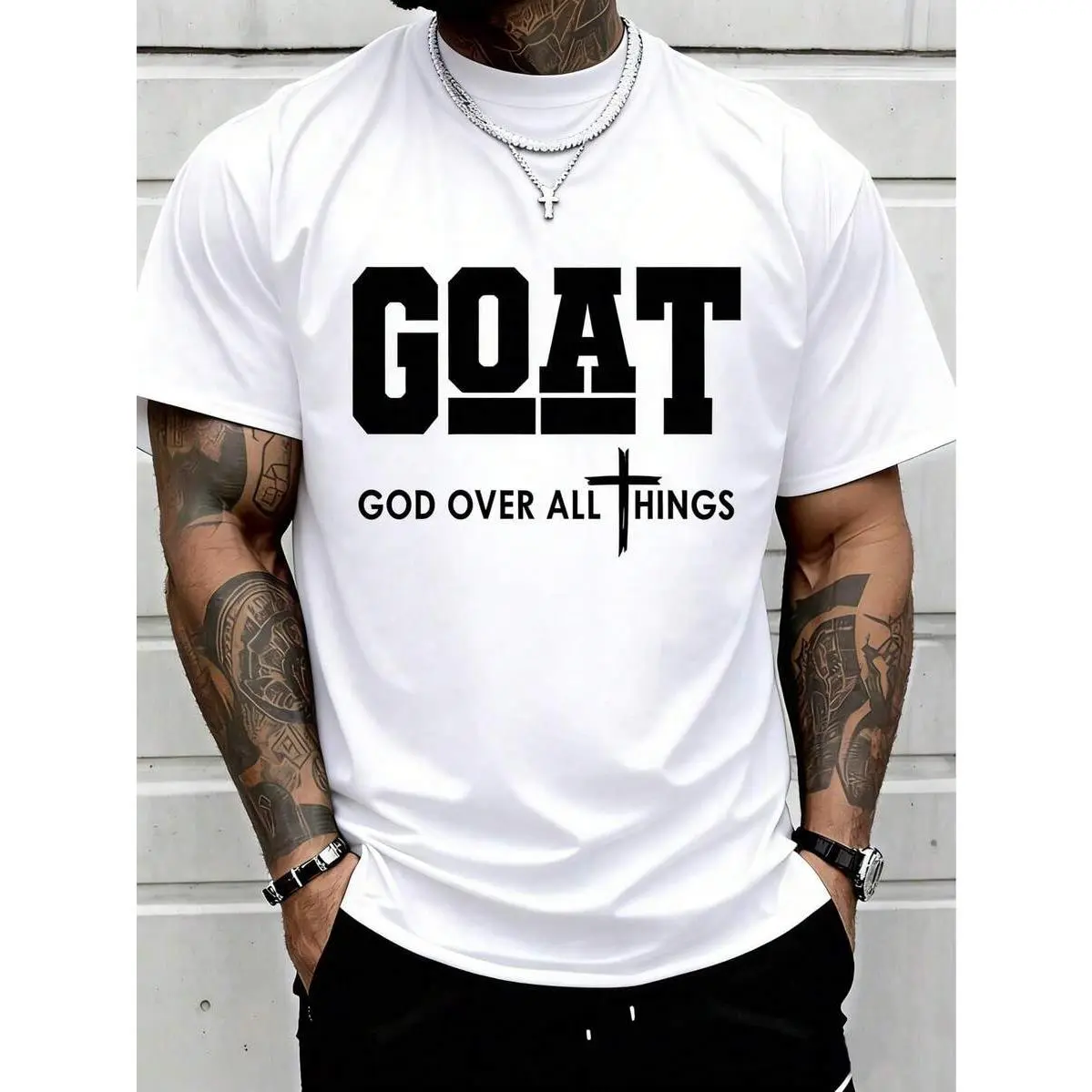 100% Cotton Goat God Over All Things Funny Jesus Christian Printed T-Shirt, Short-Sleeved Crew Neck Casual Top, Suitable For All Seasons, Men's Wear
