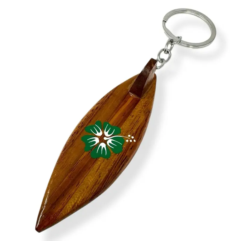 Hawaii Flower Wooden Surfboard Key Chain Key Ring with Green Floral Design and Durable Metal Ring