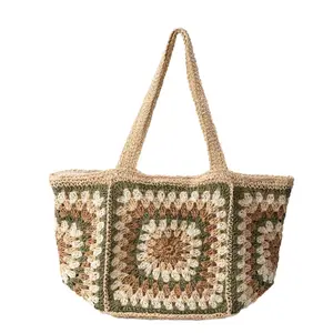 Grandmother Grid High-End Single-Shoulder Straw  for Women, Hand-Woven  with Large Capacity Canvas Lining, Beach Tote  Fashionable Plaid Bag mexican
