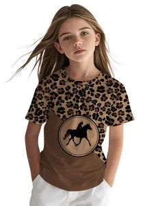 Leopard Print Short Sleeve T-Shirt, Casual Fashion Top, Summer Kids Clothing, Loose-Fitting Round Neck, Medium Length
