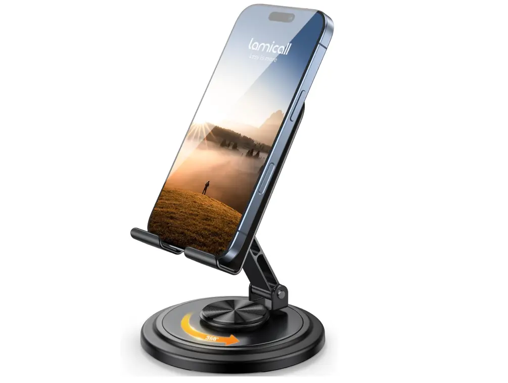 Lamicall 360° Rotating Phone Stand for Desk, Foldable Adjustable Cell Phone Holder, Sturdy Desktop Stand for iPhone 17/16/15/14/13/12 Pro Max, Samsung Galaxy S26/S25
