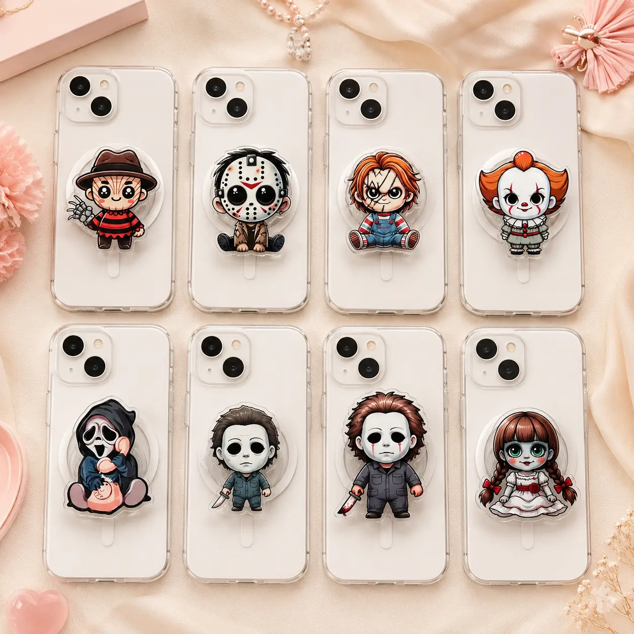 Pack Kawaii Horror Movie Characters Phone Grip Acrylic GripTok - Creepy Cute Slasher Doll, Mask Killer & Ghost Face Cell Phone Stand Holder, Spooky Halloween Fan Gift for Teens Adults