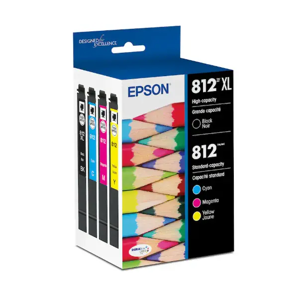 Epson T812XL/T812 Ink Cartridge 4-Pack, High-Yield Black & Standard Capacity Cyan Magenta Yellow, Genuine Epson Replacement Printer Ink, Black/Cyan/Magenta/Yellow Cartridges for Compatible Epson Printers