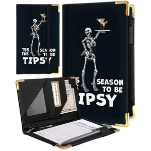 Server Book for Waitress Cute Serving Books with Zipper Pocket Accessories Leather Server Check Book Restaurant Waiter Server Booklet Organizer Ticket Book Holder Skull