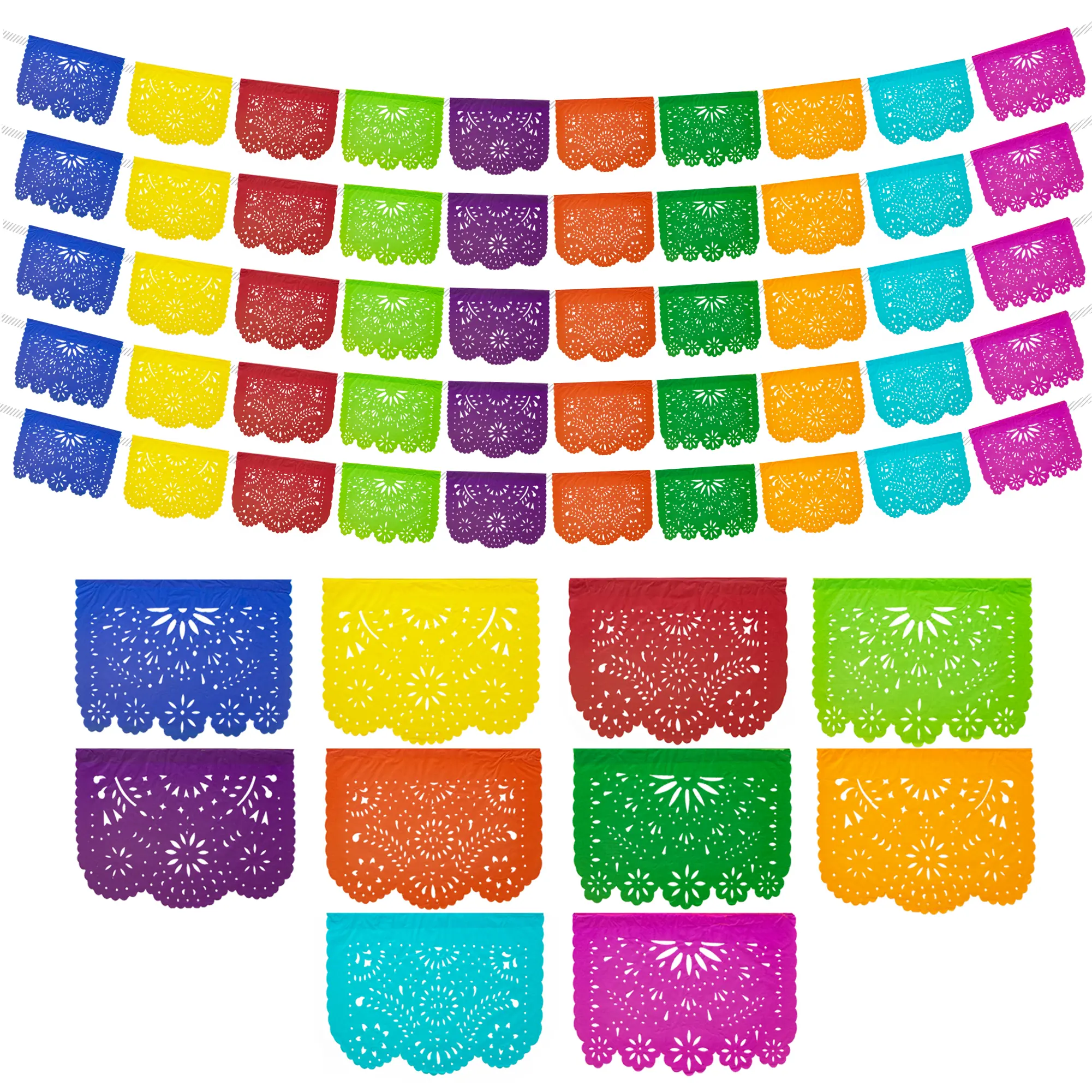 Mexican Party Banners (5 Pack - 10 Tissue Paper Flag Designs per Banner/NOT Plastic) - Papel Picado Banner - Mexican Themed Party Decorations - Papel Picado Mexicano para Fiesta - Mexican Garland Set