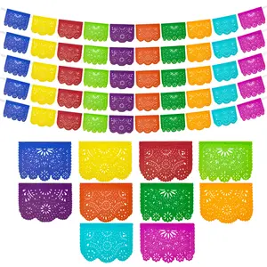 Mexican Party Banners (5 Pack - 10 Tissue Paper Flag Designs per Banner/NOT Plastic) - Papel Picado Banner - Mexican Themed Party Decorations - Papel Picado Mexicano para Fiesta - Mexican Garland Set