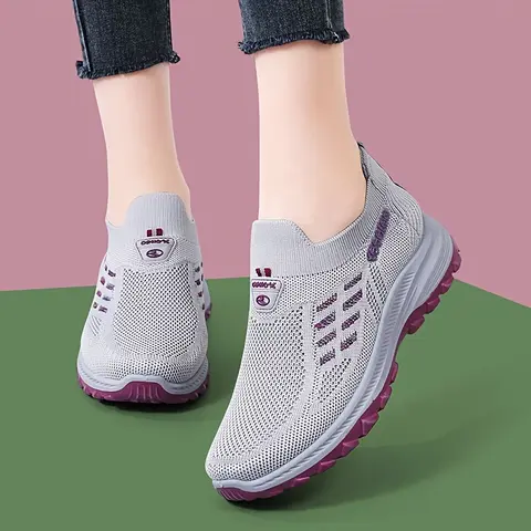 Women's Light Gray & Purple Knit Closed Slip-On Sporty Chic Casual Trainers - Shoes for Women, Lightweight Athletic Walking Shoes, Cushiony, Dual-Color, Buckle-Free, Breathable Mesh Cutout, Non-Slip Sole, Branded Logo, Fabric, All-Season Outdoor Footwear