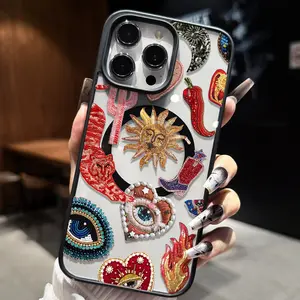 iPhone 17 E Air Pro ProMax iPhone16 15 14 Plus 13 12 Mini 11 X XS XR , Bohemian Style Embroidered Patch Magnetic Phone Case, Retro Sun God Evil Eye Elements Glossy Anti-Fall Cover, Niche Individual Trendy Cool Men Women Full-Edge Scratch-Proof Case