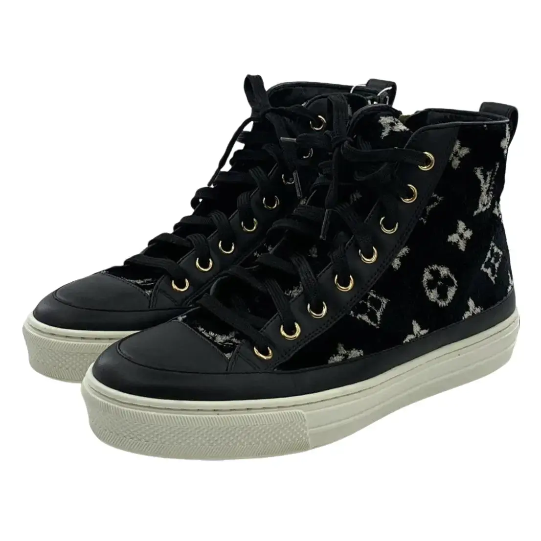 RDLT-Louis Vuitton 36.5 Stellar Black Monogram Jacquard Lace‑up High‑top Flat Sneakers-J38051