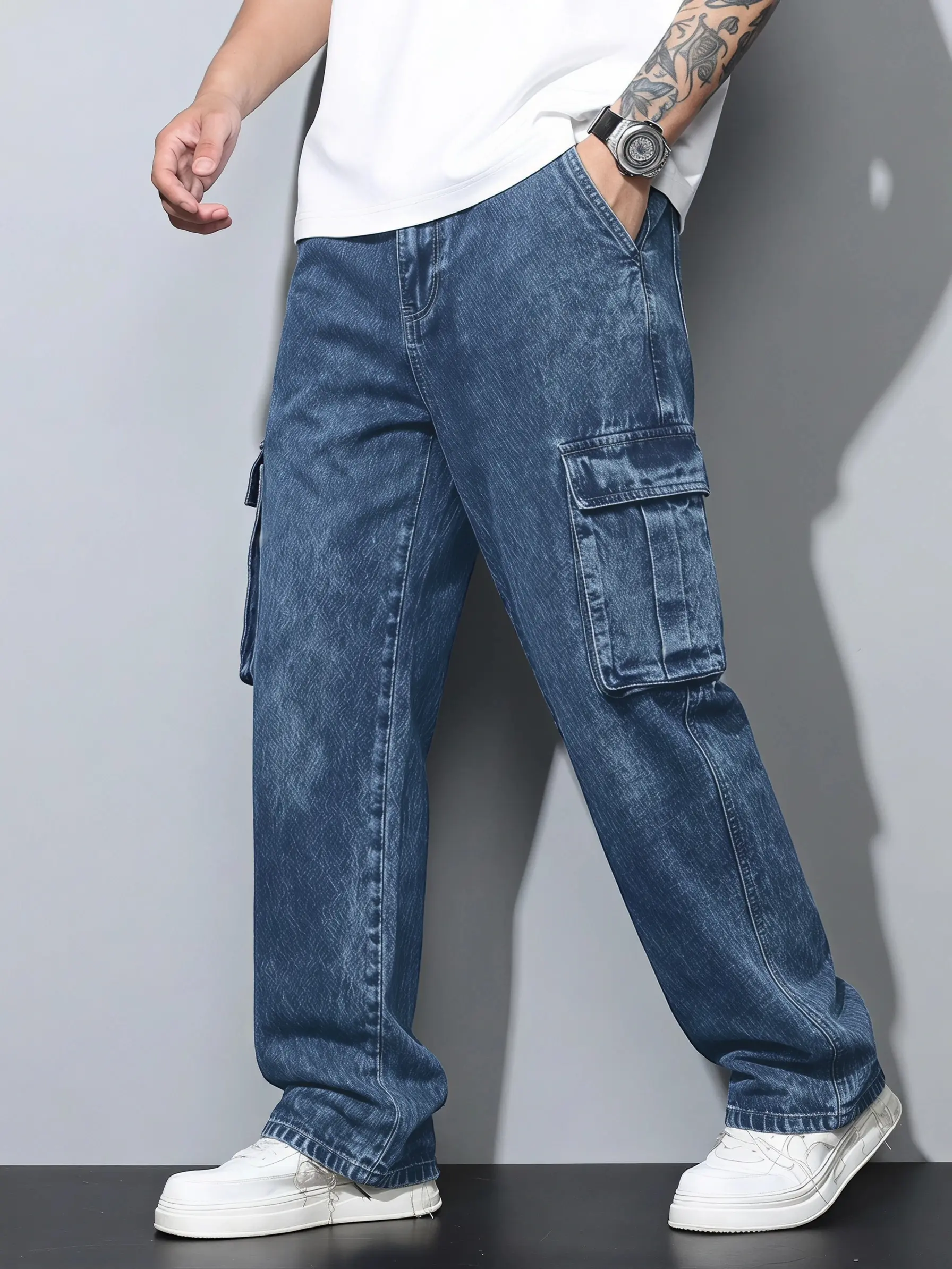 Men's Relaxed Tapered Cargo Jeans in Vintage Acid Wash Denim with Tactical Multi-Pockets for Streetwear & Techwear, Plain, Menswear, Chunky, Simple, Cropped, Sneakers, Cotton, Utility