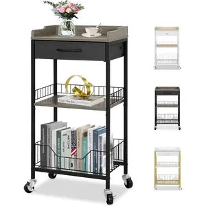 4-Tier Tall Side Table with Optional Wheels, Narrow End Table with Drawer and Shelves, Tall Nightstand for Dorm, Small Accent Table Stand for Living Room, Bedroom, Bathroom, Black &Grey