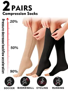 Women & Men 2-Pack Open-Toe Zipper Copper Compression Socks, 15-20mm Hg Knee-High Design, Sporty/cute Style for All Seasons