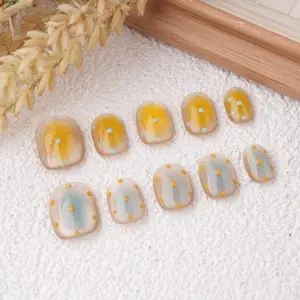 Cute Yellow Blue Polka Dots Short Nails,Reusable Handmade Press on,Fall Nails for Party,Birthday,Valentine's Day Gift