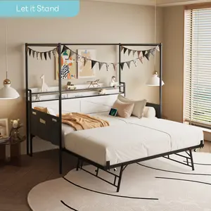 Twin Size Canopy Bed Frame with Hideaway Trundle, White Modern Metal Four Poster Bed Frame with A Charging Station and LED Light Strips, No Box Spring Needed, White