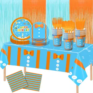 171PCS Kids Birthday Party Decorations Tableware Set - Blue & Orange Party Supplies for Boys & Girls - Includes Plates, Cups, Napkins, Cutlery, Tablecloth, Foil Fringe Curtains - Serves 24 Guests