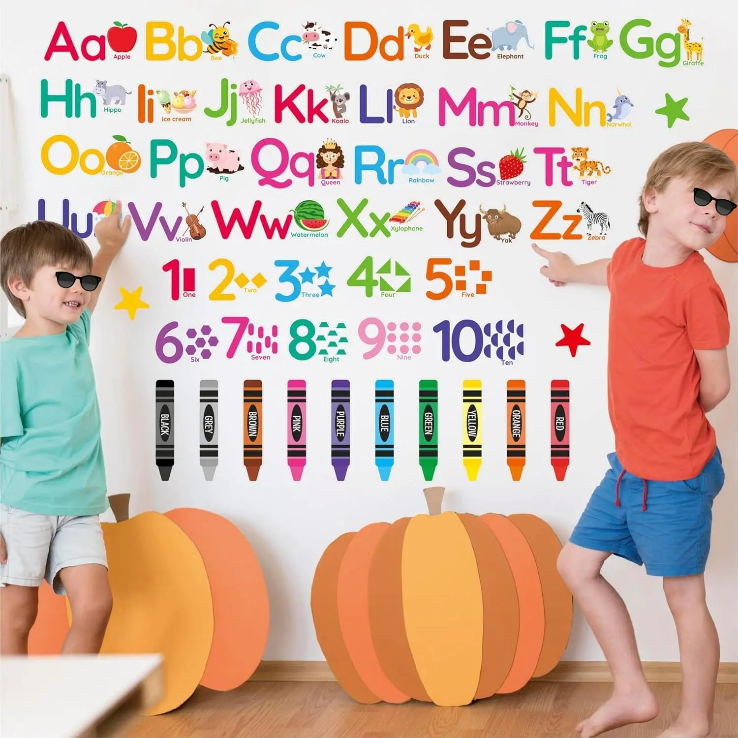 X-WPA01 26×32 cm Bright Flat Geometric Vinyl Animal Alphabet Numbers Decorative Wall Tiles Stickers - 6 Sheets, 55 Pieces Peel-and-Stick Removable Educational Stickers for Kids' Nursery, Bathroom, Easter Decor (Glass Compatible)