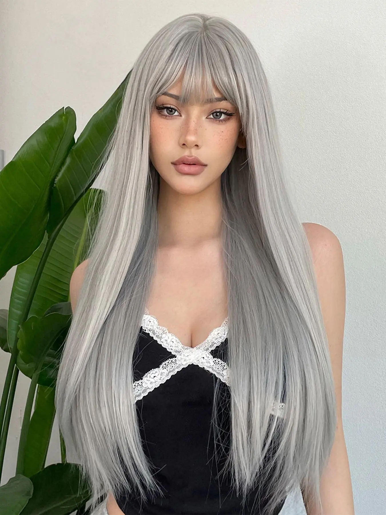 26 Inch Long Straight Grey Wigs for Women, Gorgeous Fluffy Wigs with Bangs, Synthetic Full Machine Wigs for Party, Daily Use, Synthetic Fiber Wigs, Fluffy Hair Wigs
