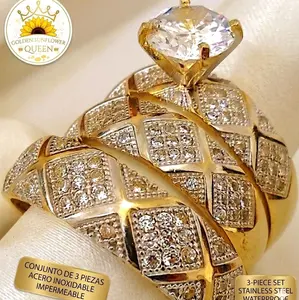 3 piezas Anillos apilables de estilo minimalista chapados en oro de 14K con circonita pavimentada, anillo de compromiso y boda, decoración de banquete y fiesta, joyería de lujo. Stainless Steel chapado en oro 14K. a prueba de agua y uso diario. Alta gama.