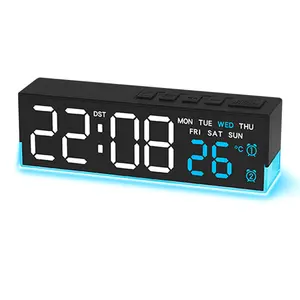 8-Inch LED Digital Alarm Clock with Bottom Glow Light Displays Time Date Day Temperature Dual Alarms DST Auto Manual 3-Level Brightness Battery or USB Powered Desk Clock