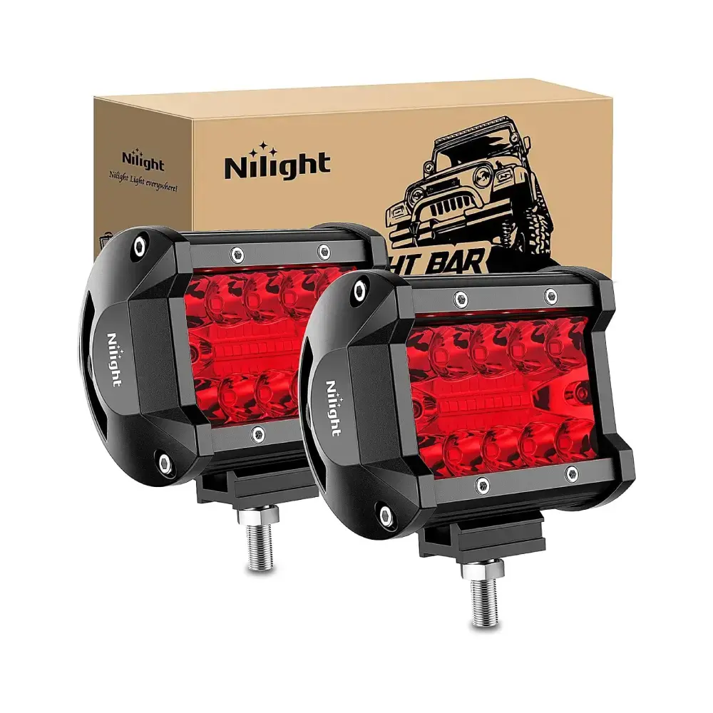 Nilight 4 Inch 60W Red Super Bright LED Pods (Pair) - Triple Row Flood+Spot Offroad Lighting LED Work Light Bar, 171LM, IP67 Rated, Adjustable Cantilever Mounts for Trucks, Father's Day Gift, Led Work Lights