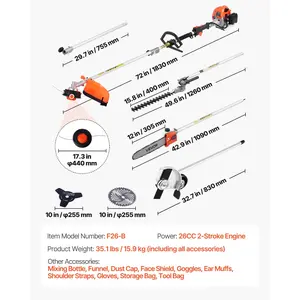 VEVOR Gas Hedge Trimmer, 2 Cycle Gas Power Handheld Trimmer, 6-in-1 26cc Weed Eater with Extension Pole Protective Gear Set, Includes Hedge String Trimmer, Brush Cutter(3T 40T), Edger, Pole Saw