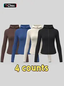 Women's Solid Color Thumb Hole Design Long Sleeve Zip Up Hooded Sports Jacket, High Stretch Sporty Comfortable Breathable Raglan Sleeve Pocket Hooded Jacket for Women, Ladies Sportswear for Indoor Outdoor Wear, Sporty Breathable Outerwear