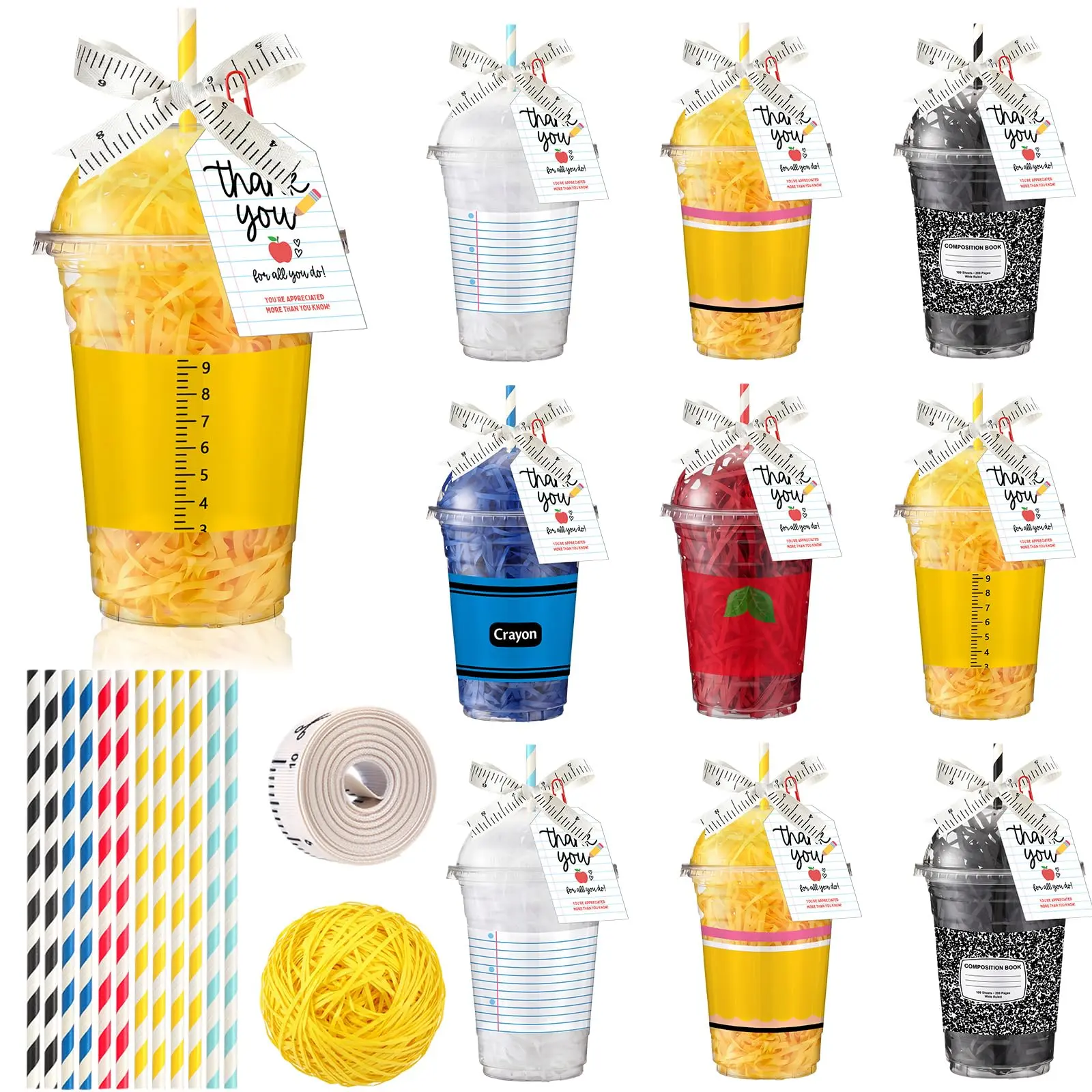 6/12 Sets Back to School Teacher Cup Gifts Bulk Notebook Apple Containers Plastic Cups with Cards Straw Ribbon Raffia Thank You Gifts for Teachers Coworkers for First School Day Welcome Back Lunch Coffee Bar Ideas Meet the Teacher Night DIY Cup