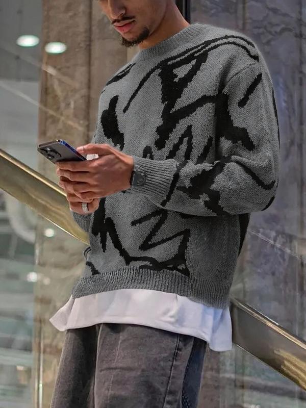 Men's Geometric Print Drop-Shoulder Sweater Pullover, Casual Street Comfy Long Sleeve Round Neck Jumper for Fall & Winter, Men's Knitwear for Daily Wear