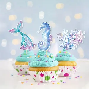 Mermaid Birthday Party Cake Topper Set, Reusable Mermaid Tail Cupcake Toppers, 12pcs Cake Decoration Supplies, Baking & Party Decorations