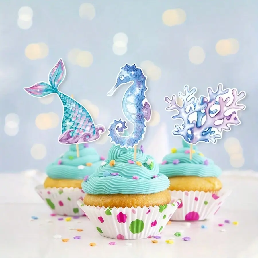 Mermaid Birthday Party Cake Topper Set, Reusable Mermaid Tail Cupcake Toppers, 12pcs Cake Decoration Supplies, Baking & Party Decorations Ornaments