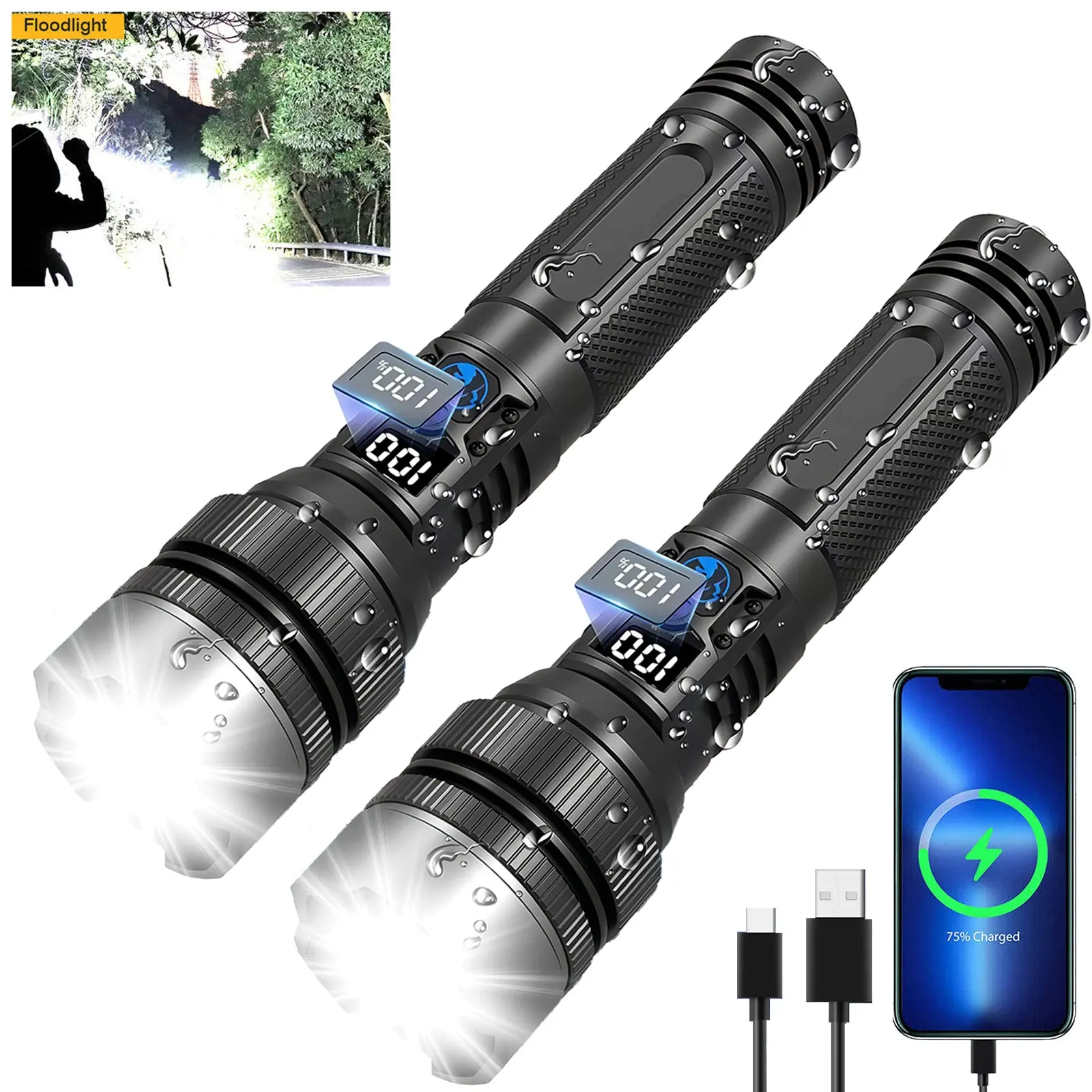 2PCS Tactical LED Flashlight, Ultra Bright and Rechargeable with 5 Modes, Zoomable Portable Outdoor Gadget for Camping, Great Mens Gifts, Tools And Gadgets, Outdoor Gadgets