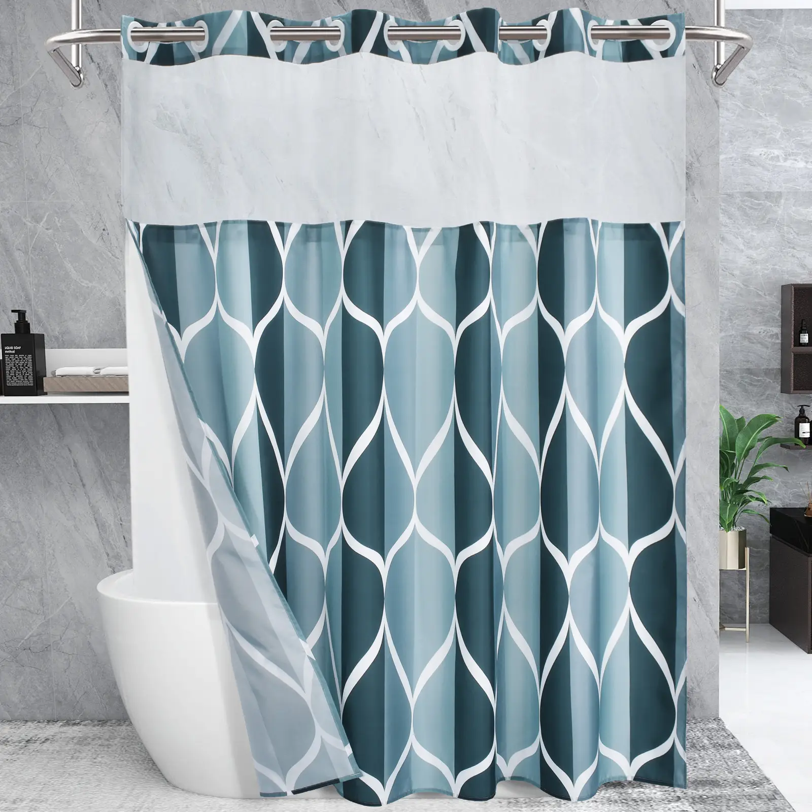 YIATN No Hook Shower Curtain with Snap in Fabric Liner Set - Hotel Style with See Through Mesh Top Window, Modern Geometric Waterdrop Design,Water-Rep