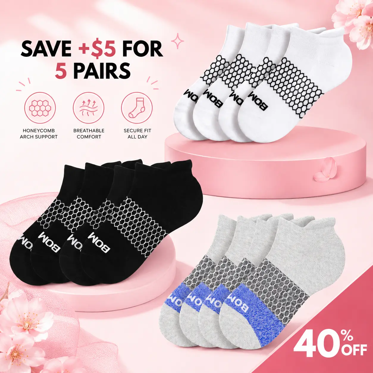 Packs 2/3/5 Bombas Ankle Sock for Women, Men | Multi Color, Running Socks, Athletic Socks, Seamless Toe, Comfortable & Stylish Socks